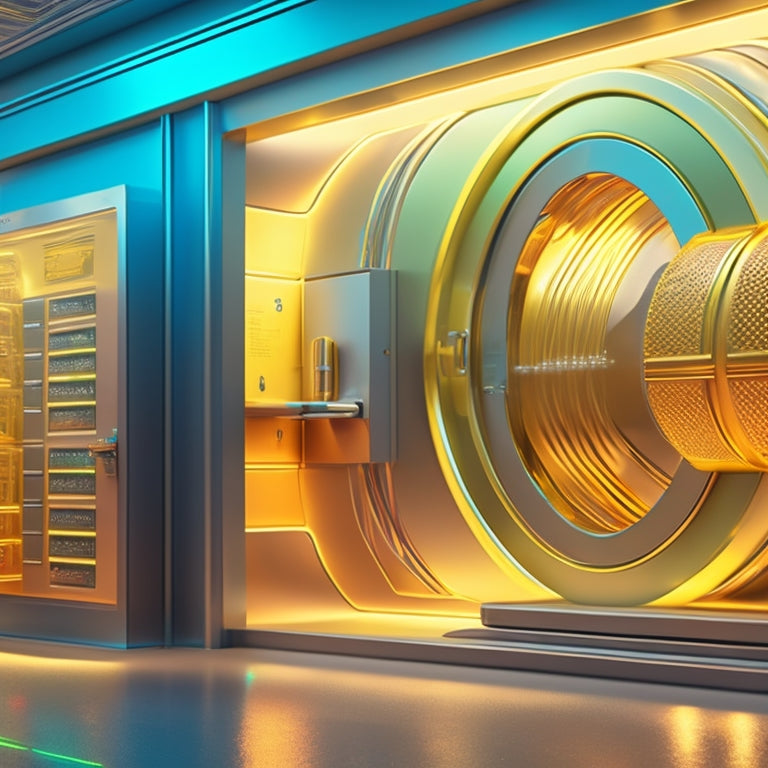 A futuristic, high-tech vault with gleaming metal doors, surrounded by circuits and wires, bursts open to reveal a flood of gold coins and a sleek, modern credit card terminal.