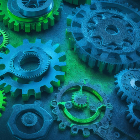 An abstract composition featuring interconnected gears, cogs, and puzzle pieces in shades of blue and green, set against a dark background, symbolizing seamless digital ecommerce solutions.