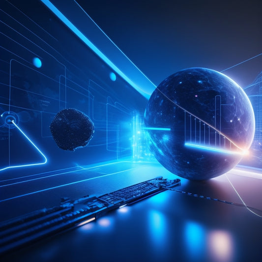 A futuristic, minimalist illustration of a robotic arm efficiently importing data into a sleek, glowing database, surrounded by orbiting files and speeding arrows, set against a dark blue background.