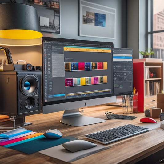 A stylized, modern workspace with a large, sleek computer monitor displaying a shipping label design software, surrounded by colorful stickers, scissors, and a roll of shipping labels.