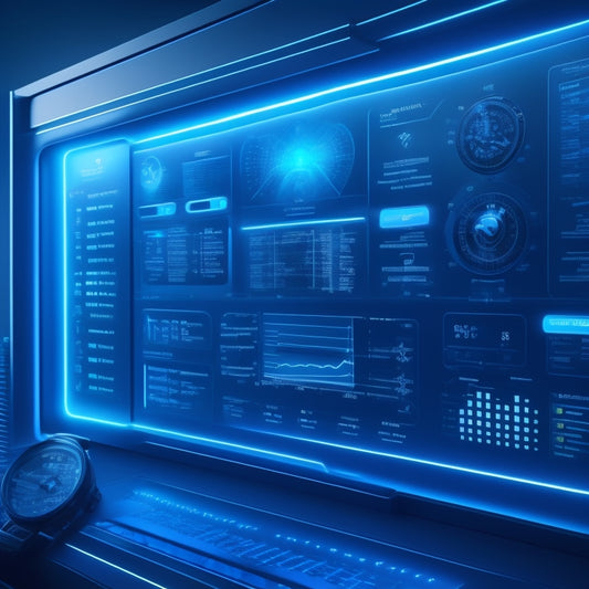 A futuristic, sleek business dashboard with interconnected gears, pulsing blue lines, and glowing charts, set against a dark blue background with subtle, shimmering starlight accents.