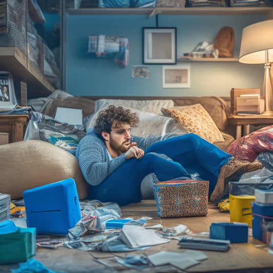 A frazzled online shopper, surrounded by scattered laptops, broken tablets, and torn packaging, sits in a cluttered room with a broken Wi-Fi router in the background, amidst a sea of discarded shopping bags.