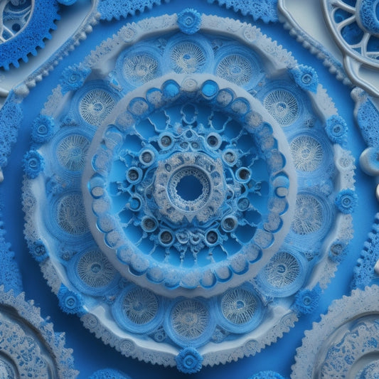 A stylized, abstract representation of interconnected gears, with swirling patterns of blues and whites, evoking a sense of harmony and synchronization, set against a subtle grid background.
