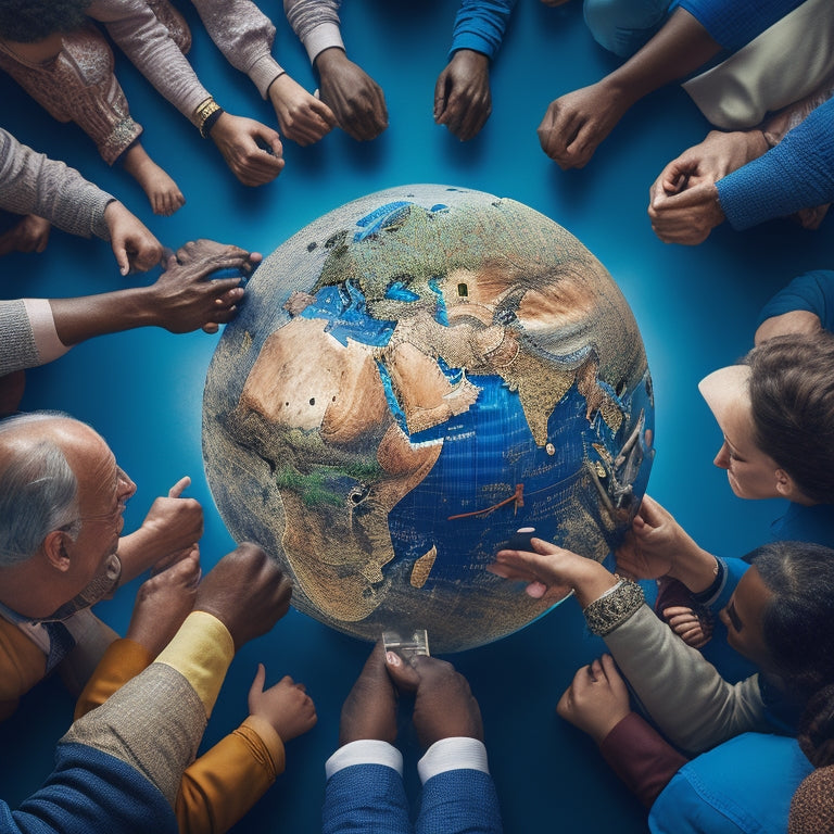 A globe with interconnected gears, puzzle pieces, and locks, surrounded by a network of diverse people from different cultures and ages, holding hands and forming a united circle.