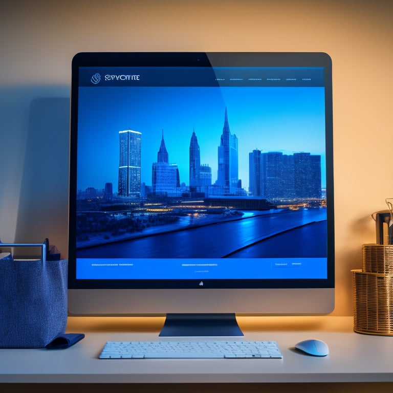 An e-commerce website on a desktop screen with a sleek, modern design, featuring a prominent shopping cart icon with glowing blue accents, surrounded by minimalist product cards and a blurred cityscape background.