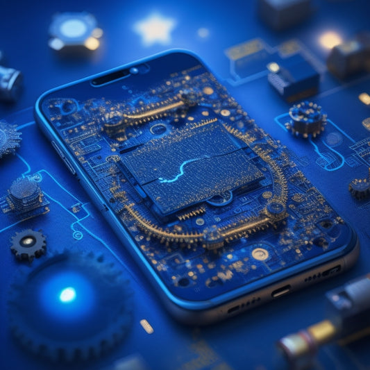 A stylized illustration of a smartphone with a puzzle piece fitting into place, surrounded by orbiting gears, cogs, and sparks, set against a dark blue background with subtle circuit board patterns.