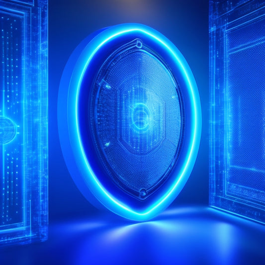A futuristic, abstract representation of a shield protecting a customer's personal data, surrounded by glowing blue circuits and swirling patterns of ones and zeros, set against a dark, gradient blue background.