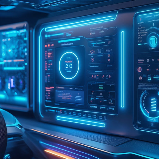 A futuristic dashboard with sleek, glowing lines and minimalistic icons, featuring a central robotic arm amidst a web of interconnected gears, surrounded by subtle neon lights and a dark blue background.