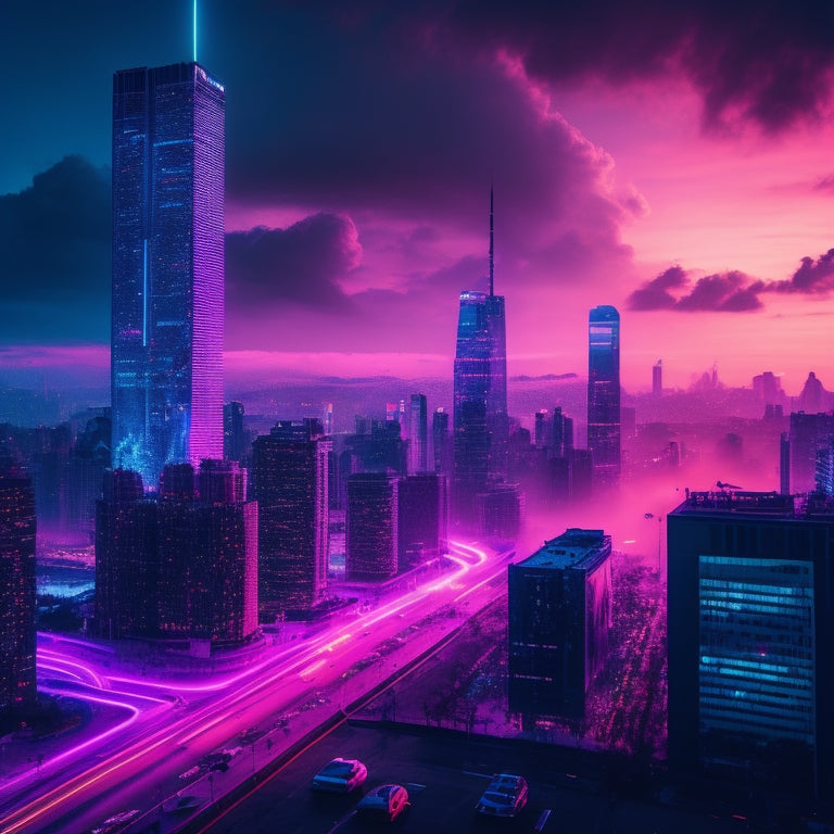 A futuristic, neon-lit cityscape at dusk with sleek skyscrapers, glowing billboards, and holographic advertisements floating above the streets, surrounded by swirling clouds of ones and zeros.