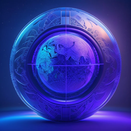 A futuristic, glowing shield encompassing a stylized, 3D globe with interconnected nodes, surrounded by swirling patterns of 1s and 0s, with a subtle, gradient background transitioning from blue to purple.