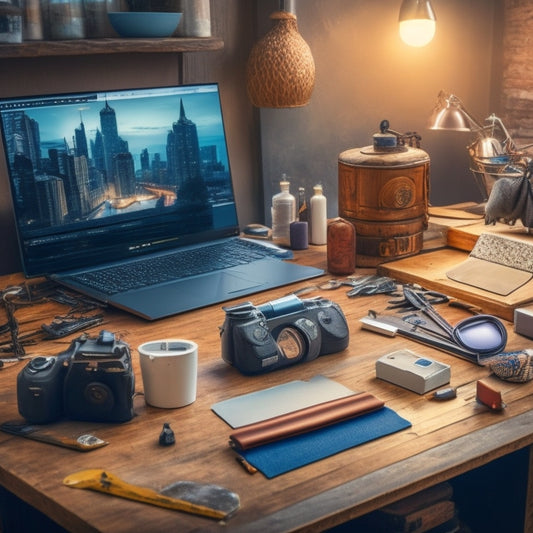 A stylized illustration of a merchant's workshop with a laptop, surrounded by scattered product prototypes, sketches, and design tools, with a subtle cityscape background and a hint of creative chaos.