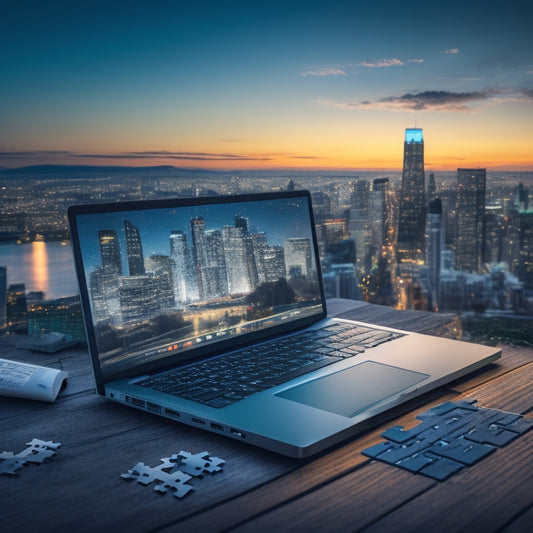 An illustration of a laptop screen displaying a popular digital product's dashboard, surrounded by puzzle pieces falling into place, with a subtle background of 1s and 0s, and a faint cityscape at dusk.