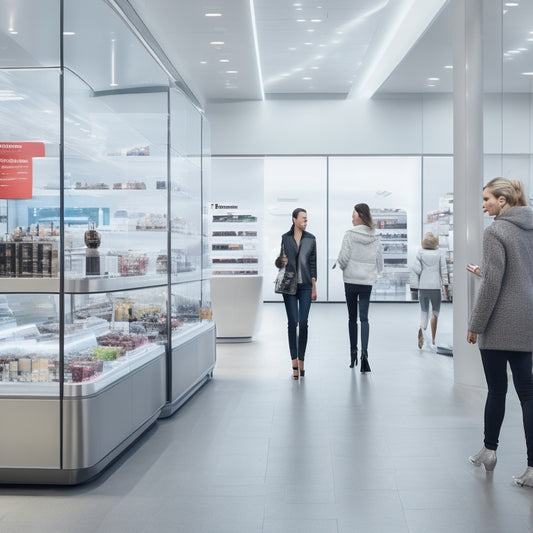 A futuristic retail landscape with sleek, minimalist stores, glowing digital wayfinding signs, and customers holding tablets with interactive 3D maps, surrounded by hovering shopping bags and floating product icons.