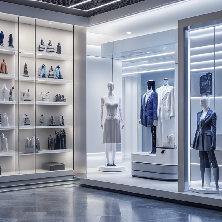 A futuristic retail store interior with 3D printers humming in the background, surrounded by shelves stocked with intricate, customized products, and a sleek, minimalist mannequin displaying a bespoke outfit.