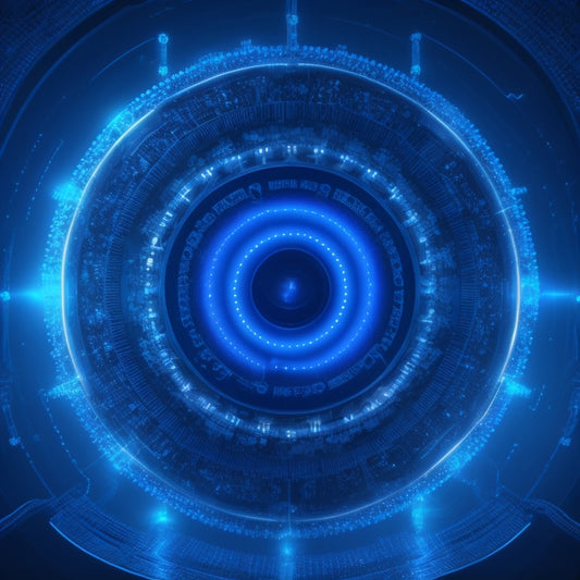 A futuristic, minimalist illustration of interconnected gears, circuits, and pixels forming a circular shape, surrounded by glowing blue lines and subtle digital sparks, set against a dark gray background.