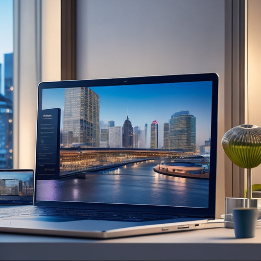 An illustration of a sleek, modern storefront with a cityscape in the background, featuring a laptop and mobile device displaying a seamless, integrated shopping experience.