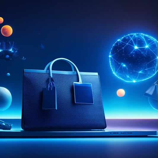 A futuristic, minimalist illustration of a laptop and a few shopping bags surrounded by orbiting gears, arrows, and subtle graphs, set against a dark blue background with a hint of neon lights.