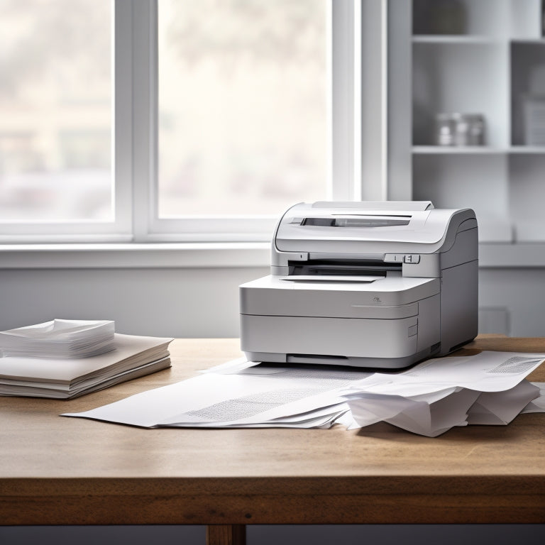 A minimalist illustration featuring a Shopify storefront with a simplified receipt printing process: a printer spewing out a single, tidy paper receipt, surrounded by discarded unnecessary papers and tangled cords in the background.