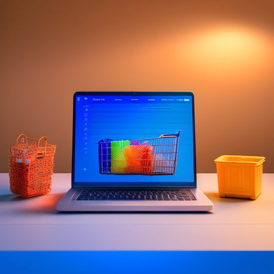 A minimalist illustration featuring a laptop with a shopping cart icon on the screen, surrounded by subtle waveform patterns and a faint grid of ones and zeros in the background.