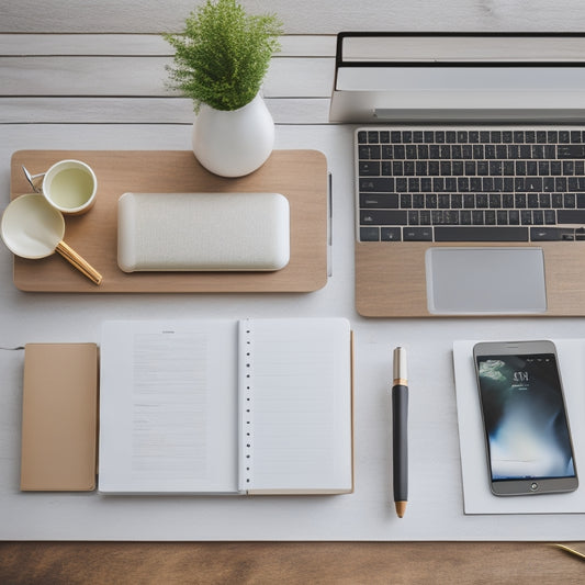 A modern, minimalist desktop with a sleek laptop, surrounded by various e-commerce essentials like a tablet, smartphone, and a notebook with a pen, set against a clean, light-wooden background.