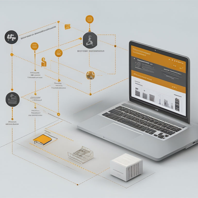 An illustration of a digital product delivery process, featuring a stylized ecommerce website on a laptop screen, with a series of connected nodes and lines representing efficient data flow.