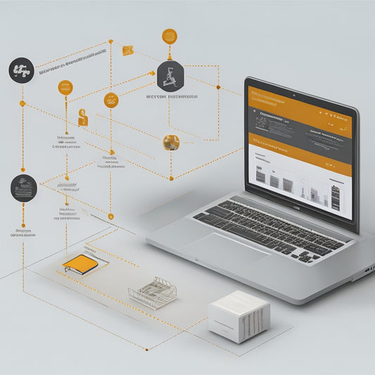 An illustration of a digital product delivery process, featuring a stylized ecommerce website on a laptop screen, with a series of connected nodes and lines representing efficient data flow.