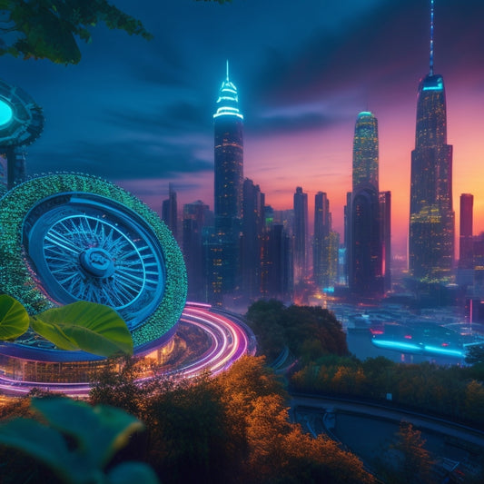 A futuristic cityscape at dusk with sleek skyscrapers, illuminated by neon lights, and a giant gears mechanism in the foreground, symbolizing financial automation, with growing plants and vines wrapped around it.