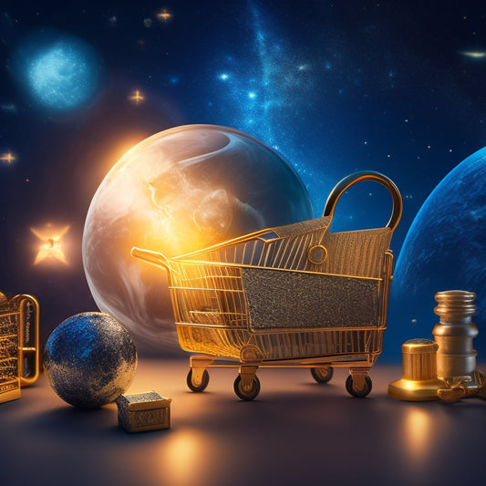 A stylized, golden key unlocking a virtual shopping cart filled with various products, surrounded by a subtle glow and orbiting icons of charts, graphs, and stars.
