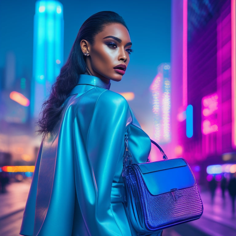 A futuristic, high-fashion model standing in front of a sleek, minimalist cityscape at dusk, surrounded by swirling, neon-lit code patterns and shopping bags, with a holographic tablet in hand.