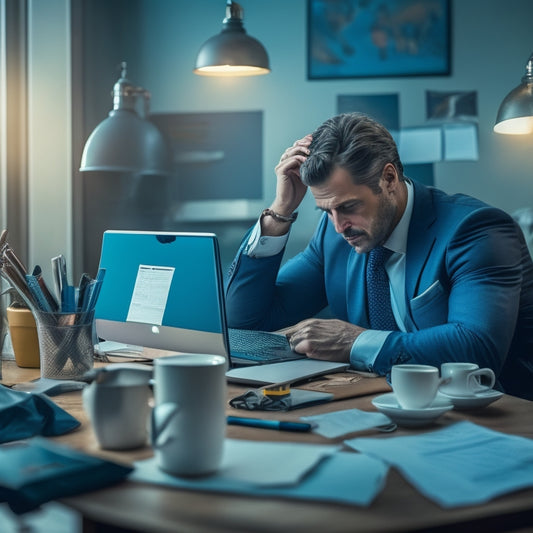 A frustrated entrepreneur sits at a cluttered desk, surrounded by empty coffee cups and crumpled papers, staring at a computer screen displaying a stagnant business graph, amidst a backdrop of dim, muted colors.