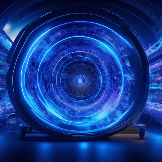 An abstract digital vortex with glowing blue circuits, intertwined with shopping carts, laptops, and graduation caps, surrounded by a mix of bright and dark shapes, conveying balance and contrast.