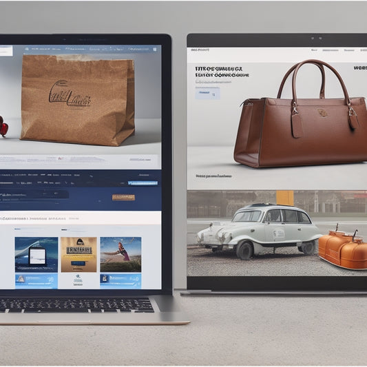 A split-screen image featuring a laptop on the left with multiple e-commerce platform logos (e.g. Shopify, Magento, WooCommerce) open on the screen, and a referee's scoreboard on the right with shopping bags and tags scattered around it.