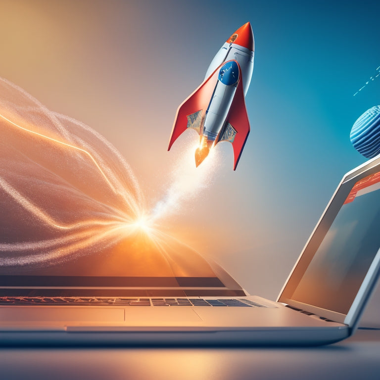 A stylized illustration of a rocket ship blasting off from a laptop, surrounded by swirling arrows and speed lines, with a subtle ecommerce storefront in the background, conveying rapid growth.