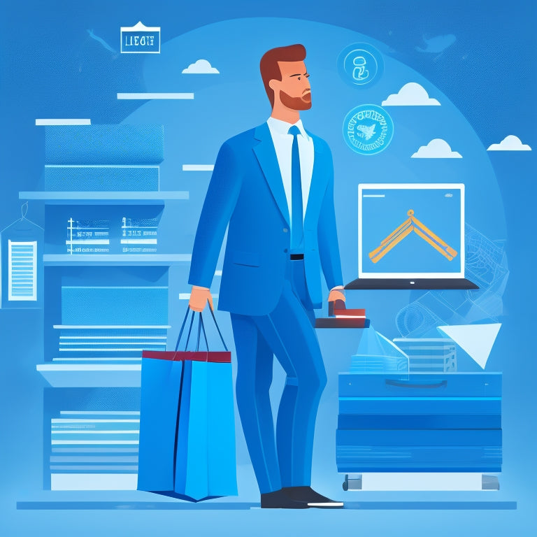 A stylized illustration of a strong, confident entrepreneur standing in front of a laptop with a thriving online store, surrounded by rising graphs, coins, and shopping bags, set against a bright blue background.