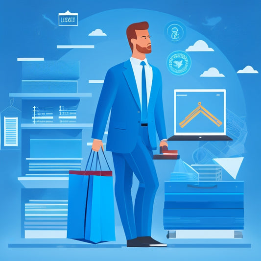 A stylized illustration of a strong, confident entrepreneur standing in front of a laptop with a thriving online store, surrounded by rising graphs, coins, and shopping bags, set against a bright blue background.