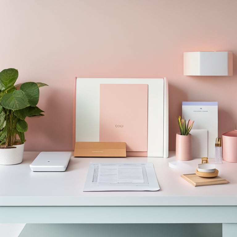 A modern, minimalist workspace with a laptop, printer, and a neatly organized stack of printed receipts featuring a subtle WooCommerce logo, surrounded by calm, pastel-colored accents.