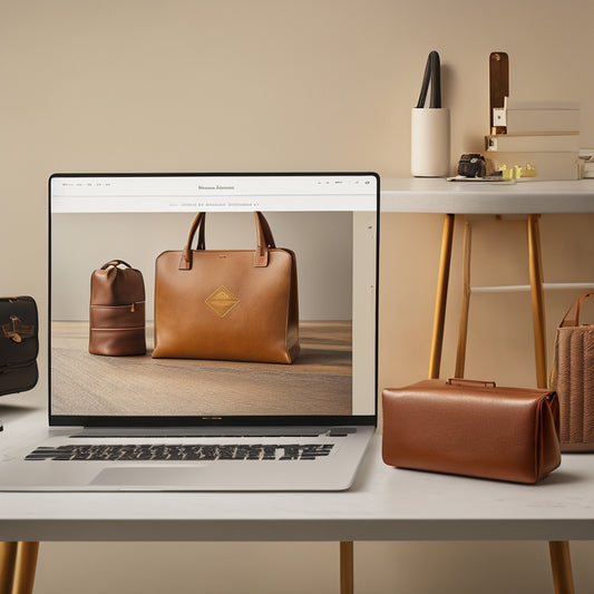 A modern, minimalist e-commerce website with a sleek laptop and smartphone displaying the site on a clutter-free, wooden desk surrounded by scattered shopping bags and a few trendy decorative items.