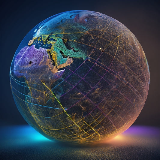 A stylized globe with interconnected threads of varying colors and textures, forming a intricate network, surrounded by subtle, glowing light accents and soft, gradient shading.