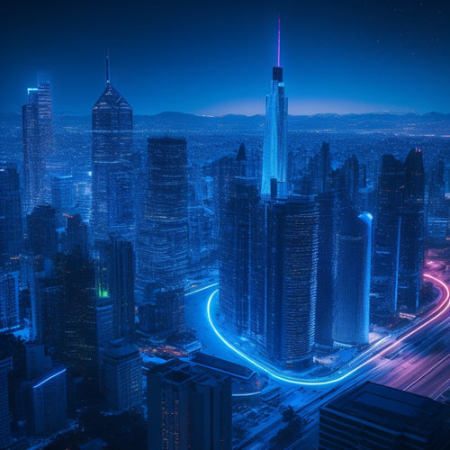 A futuristic, neon-lit cityscape with sleek skyscrapers, each representing a different e-commerce tool, connected by glowing blue circuits and wires, set against a dark blue starry night sky.