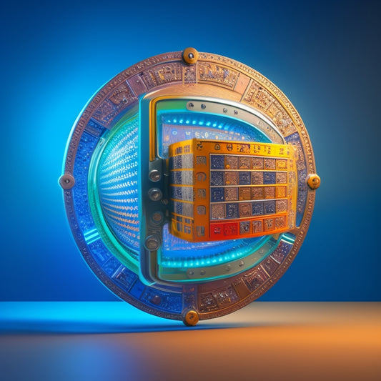 A shield with a shopping cart at its center, surrounded by orbiting puzzle pieces, gears, and a subtle background of circuitry, conveying protection, harmony, and technological precision.