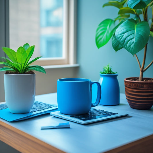 A minimalist illustration of a laptop on a desk, surrounded by organized notes, a filled coffee cup, and a small potted plant, with a subtle background of a subtle gradient of blue and green hues.