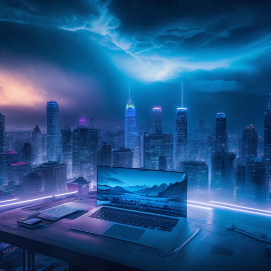 A futuristic, neon-lit cityscape with a giant, glowing laptop at its center, surrounded by swirling clouds of 1s and 0s, with skyscrapers shaped like SEO keywords and analytics graphs.