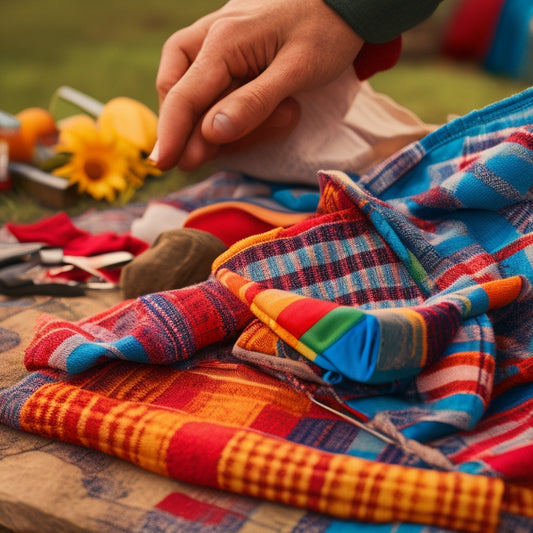 A close-up of a person's hands holding a Coleman pop-up camper's torn fabric, with scattered repair tools and patches surrounding, set against a blurred outdoor camping background.