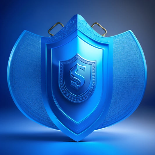 A shield emblem with a lock at its center, surrounded by ecommerce icons like shopping carts and credit cards, set against a gradient of blues conveying trust and security.