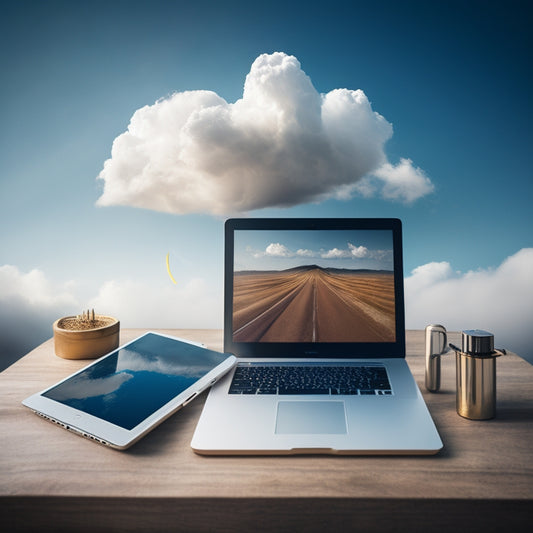 A modern, minimalist illustration of a laptop and smartphone surrounded by swirling arrows, gears, and clouds, conveying speed, efficiency, and digital connectivity, set against a soft, calming background.