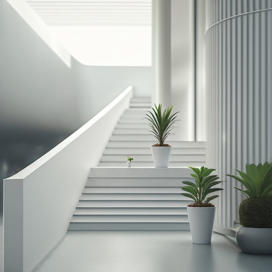 A minimalist illustration of a small, struggling plant in a tiny pot, surrounded by empty, large pots and a vast, empty white background, with a subtle, broken escalator in the distance.