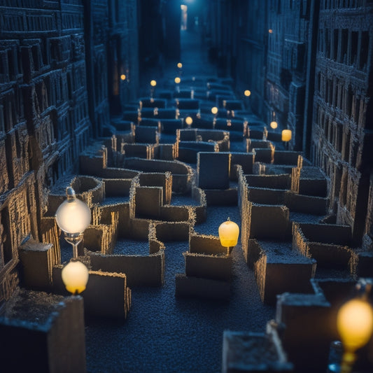 A maze with various dead ends, obstacles, and dark alleys, illuminated by a few bright lightbulbs, symbolizing the challenges of ecommerce, surrounded by magnifying glasses and puzzle pieces.