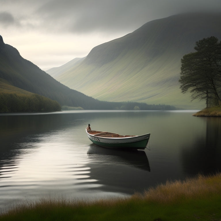 A serene lake in the Scottish Highlands, surrounded by rolling hills and misty mountains, with a lone boat in the distance, symbolizing peaceful and secluded travel.