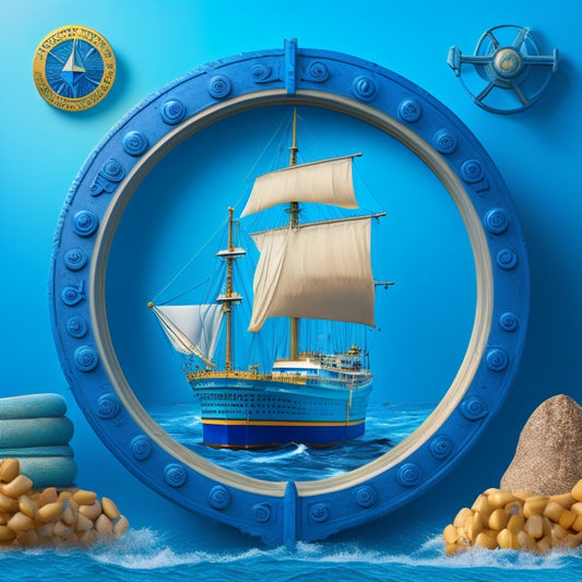 A stylized illustration of a ship's wheel, surrounded by various shipping-related objects like anchors, compasses, and ropes, set against a backdrop of a subtle, gradient blue ocean wave.