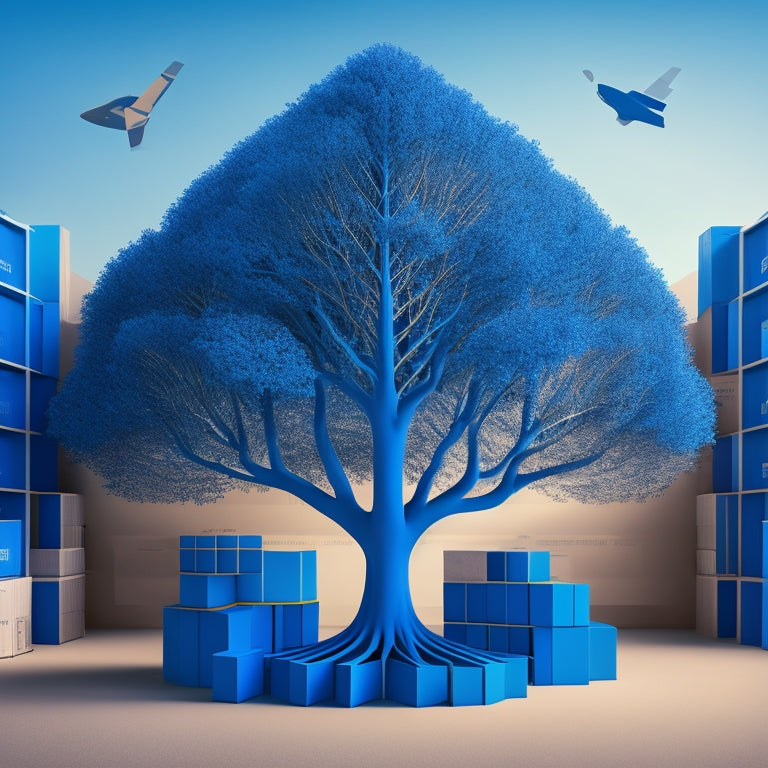 An abstract illustration of a growing tree with its trunk resembling a wholesale warehouse, surrounded by ascending arrows and geometric shapes in shades of blue, conveying growth and progress.